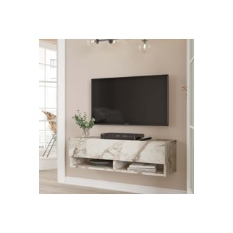 Mueble Mesa TV Moderno con 1 Puerta y Estantes en Melamina Color Mármol Marfil - 100x31.5x29.6cm
