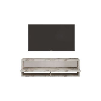 Mueble Mesa TV Moderno con 1 Puerta y Estantes en Melamina Color Mármol Marfil - 100x31.5x29.6cm