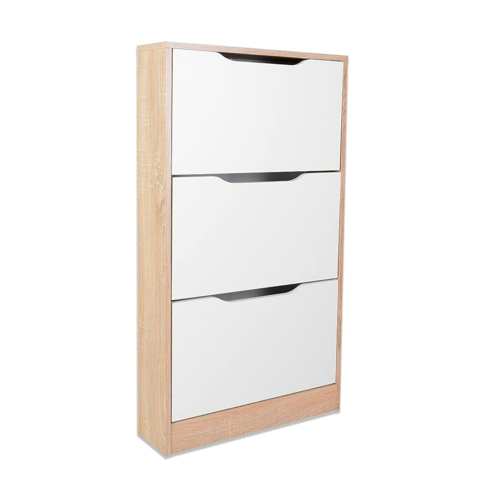 Mueble Zapatero con 3 Puertas, Estrecho, Color Cambria y Blanco, Medidas: 107 cm (Alto) x 60 cm (Ancho) x 17,3 cm (Fondo) Mueble Zapatero con 3 Puertas, Estrecho, Color Cambria y Blanco, Medidas: 107 cm (Alto) x 60 cm (Ancho) x 17,3 cm (Fondo)