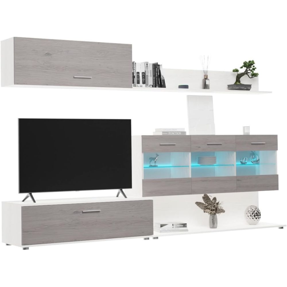 Mueble de Salón con Leds, Acabado en Andersen Pino - Gris, Medidas: 250 cm (An) x 115 cm (Al) 40 cm (Fon) - Meyvaser