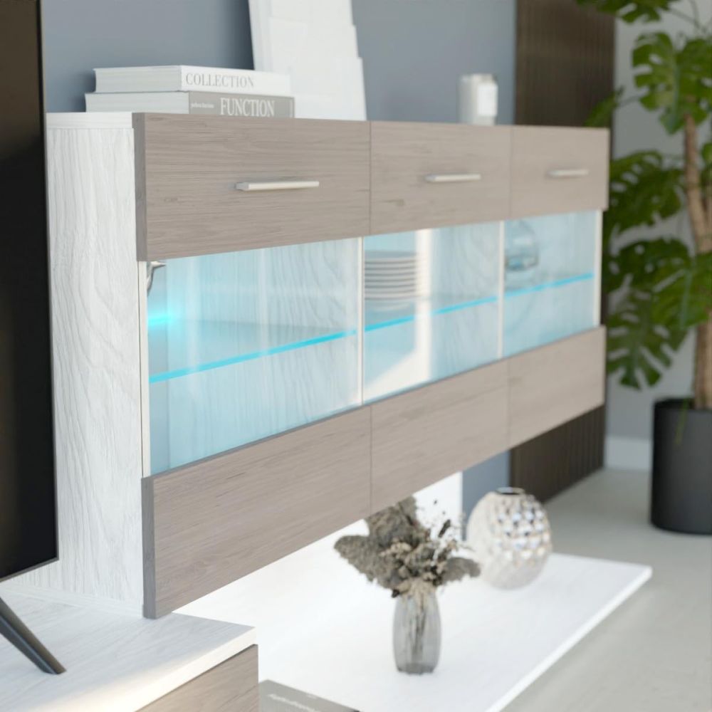 Mueble de Salón con Leds, Acabado en Andersen Pino - Gris, Medidas: 250 cm (An) x 115 cm (Al) 40 cm (Fon) - Meyvaser