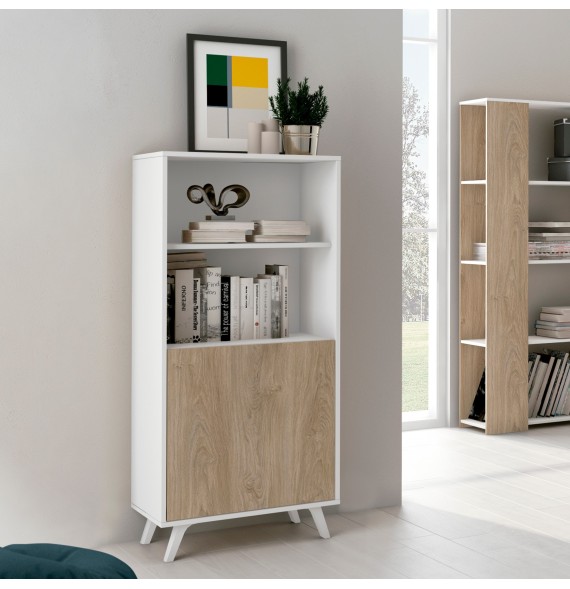 Mueble Bar para Salón, Aparador de Cocina, Color Blanco-Roble, Medidas: 60 cm (An) x 135 cm (Al) x 40 cm (Fon) – Meyvaser