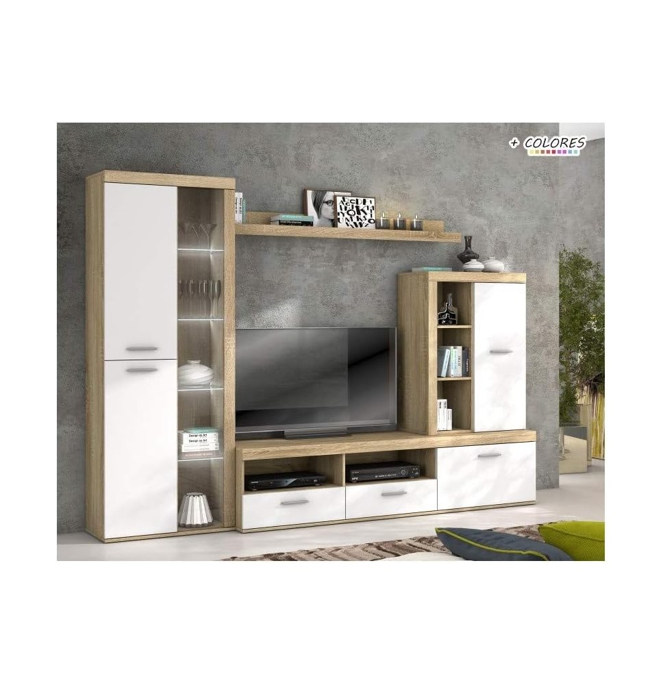 Mueble de Salón Moderno con Leds, Acabado en Cambria - Blanco, Medidas: 260 cm (An) x 191 cm (Al) 47,5 cm (Fo) Meyvaser