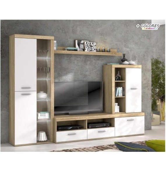 Mueble de Salón Moderno con Leds, Acabado en Cambria - Blanco, Medidas: 260 cm (An) x 191 cm (Al) 47,5 cm (Fo) Meyvaser