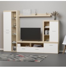 Mueble de Salón Moderno con Leds, Acabado en Cambria - Blanco, Medidas: 260 cm (An) x 191 cm (Al) 47,5 cm (Fo) Meyvaser