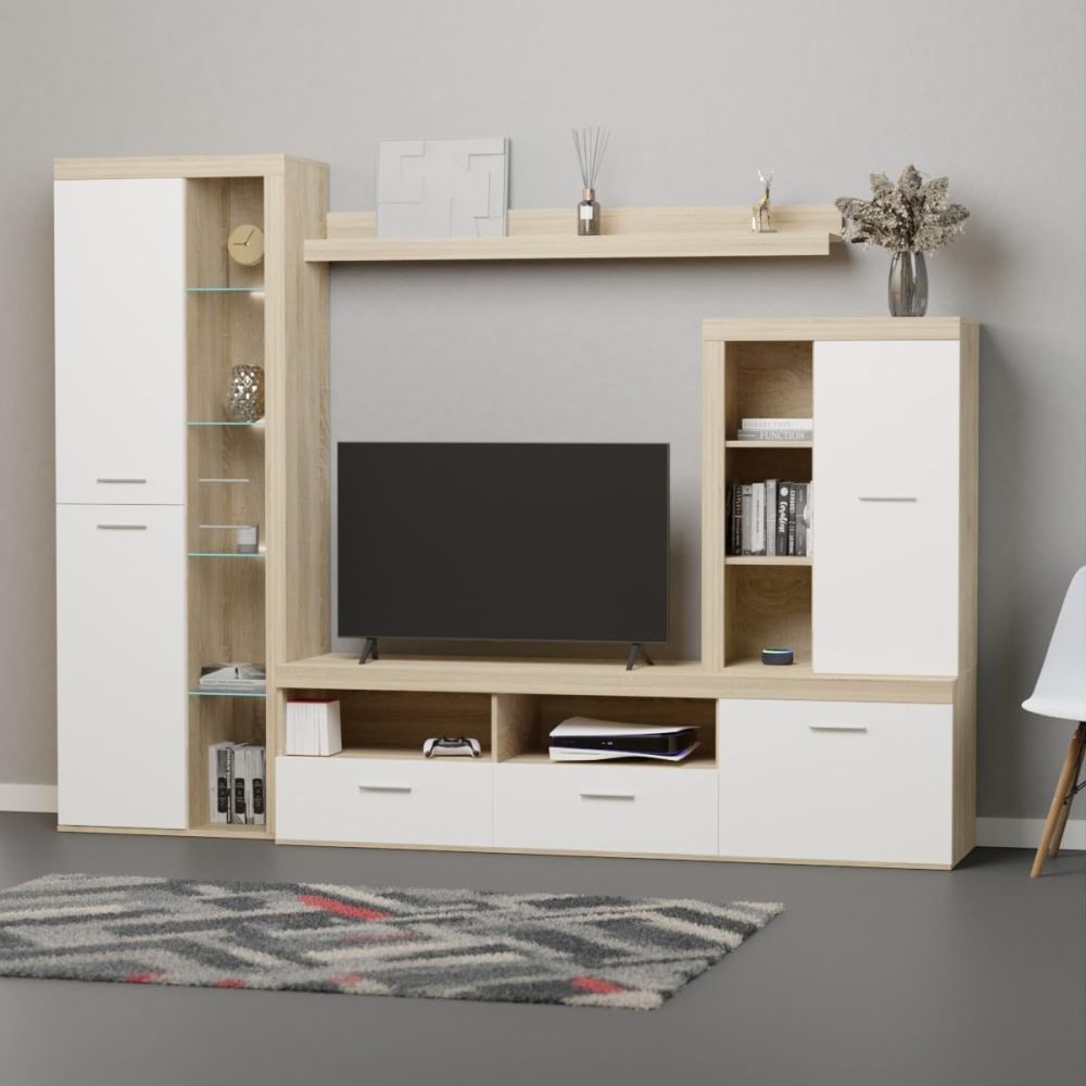 Mueble de Salón Moderno con Leds, Acabado en Cambria - Blanco, Medidas: 260 cm (An) x 191 cm (Al) 47,5 cm (Fo) Meyvaser