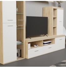 Mueble de Salón Moderno con Leds, Acabado en Cambria - Blanco, Medidas: 260 cm (An) x 191 cm (Al) 47,5 cm (Fo) Meyvaser