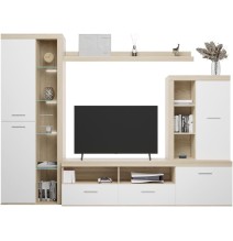 Mueble de Salón Moderno con Leds, Acabado en Cambria - Blanco, Medidas: 260 cm (An) x 191 cm (Al) 47,5 cm (Fo) Meyvaser