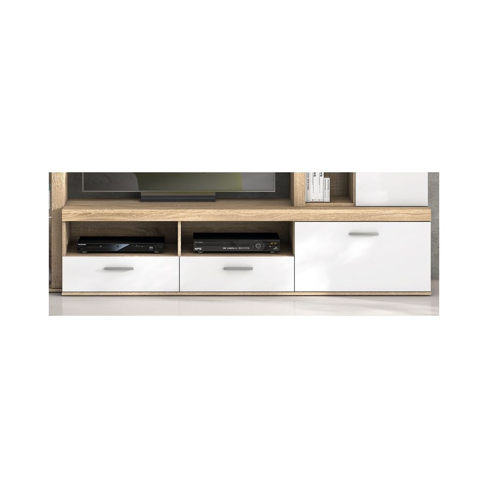 Mueble de Salón Moderno con Leds, Acabado en Cambria - Blanco, Medidas: 260 cm (An) x 191 cm (Al) 47,5 cm (Fo) Meyvaser