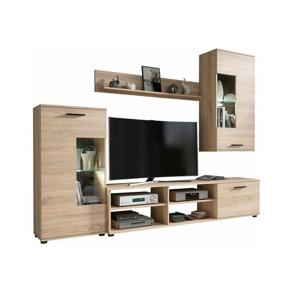 Mueble de Salón Moderno con Leds, Acabado en Cambria, Medidas: 229 cm (An) x 200 cm (Al) 38 cm (Fon) - Meyvaser