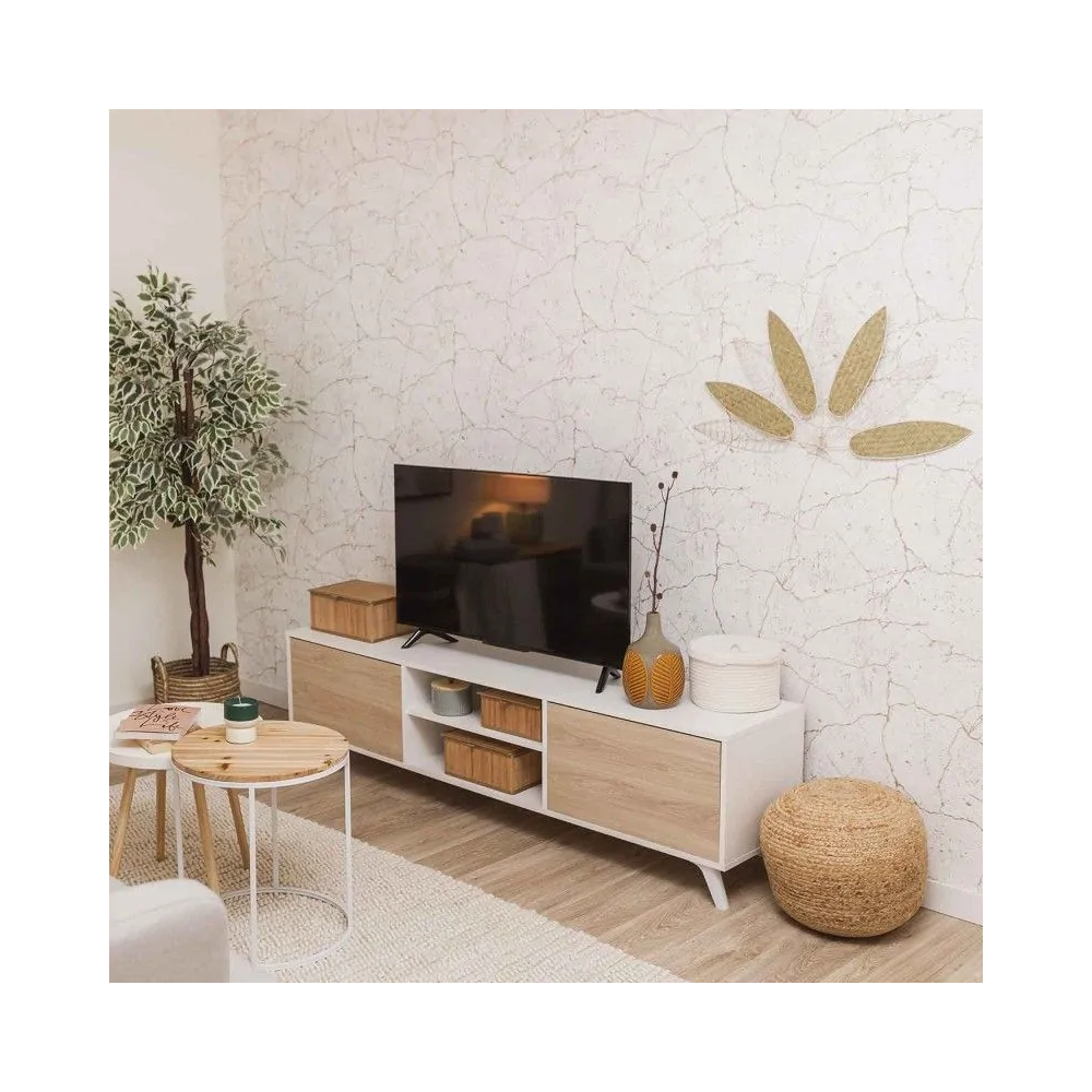 Conjunto de Salón Mueble Completo: Bajo TV, Vitrina, Estantería Decorativa y 2 Estantes - Estilo Roble y Blanco.