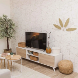 Conjunto de Salón Mueble Completo: Bajo TV, Vitrina, Estantería Decorativa y 2 Estantes - Estilo Roble y Blanco.