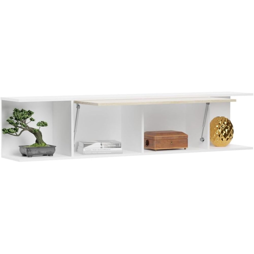 Conjunto de Salón Mueble Completo: Bajo TV, Mueble Bar, Estantería y Mueble Colgar - Estilo Roble y Blanco.