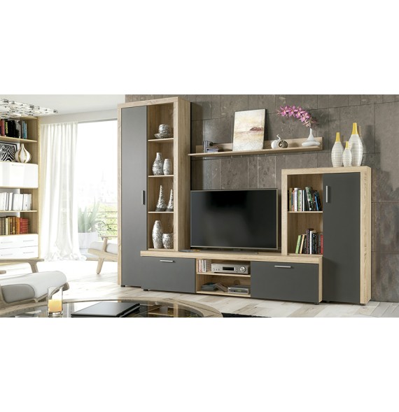 Meyvaser Mueble de salón y TV Composición de salón grande 263 Cm Cambrian- Grafito en madera de gran calidad