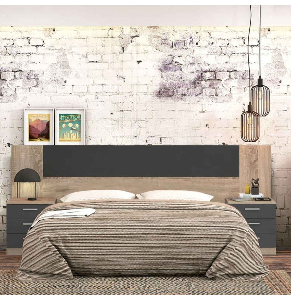 Cabezal + Dos Mesitas de Noche, Acabado en Cambrian y Grafito, Medidas: 247 cm (An) x 50 cm (Al) x 35 cm (Fon) - Meyvaser