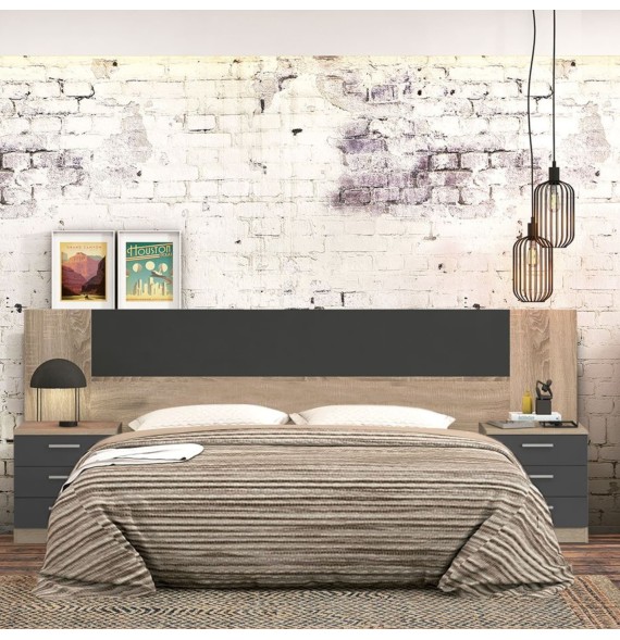 Cabezal + Dos Mesitas de Noche, Acabado en Cambrian y Grafito, Medidas: 247 cm (An) x 50 cm (Al) x 35 cm (Fon) - Meyvaser