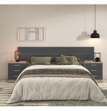 Pack Cabecero y 2 Mesitas de Noche, Acabado en Cambria y Grafito, Medidas: 220 cm (An) x 50 cm (Al) x 35 cm (Fo