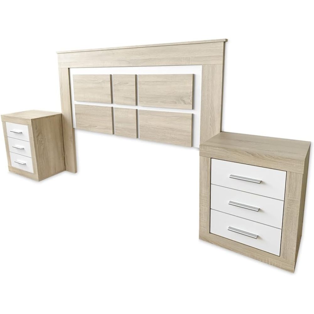 Pack Cabecero de 160 x 120 cm + 2 Mesitas de Noche| Color Cambria y Blanco (para Cama de 135-140 o 160)