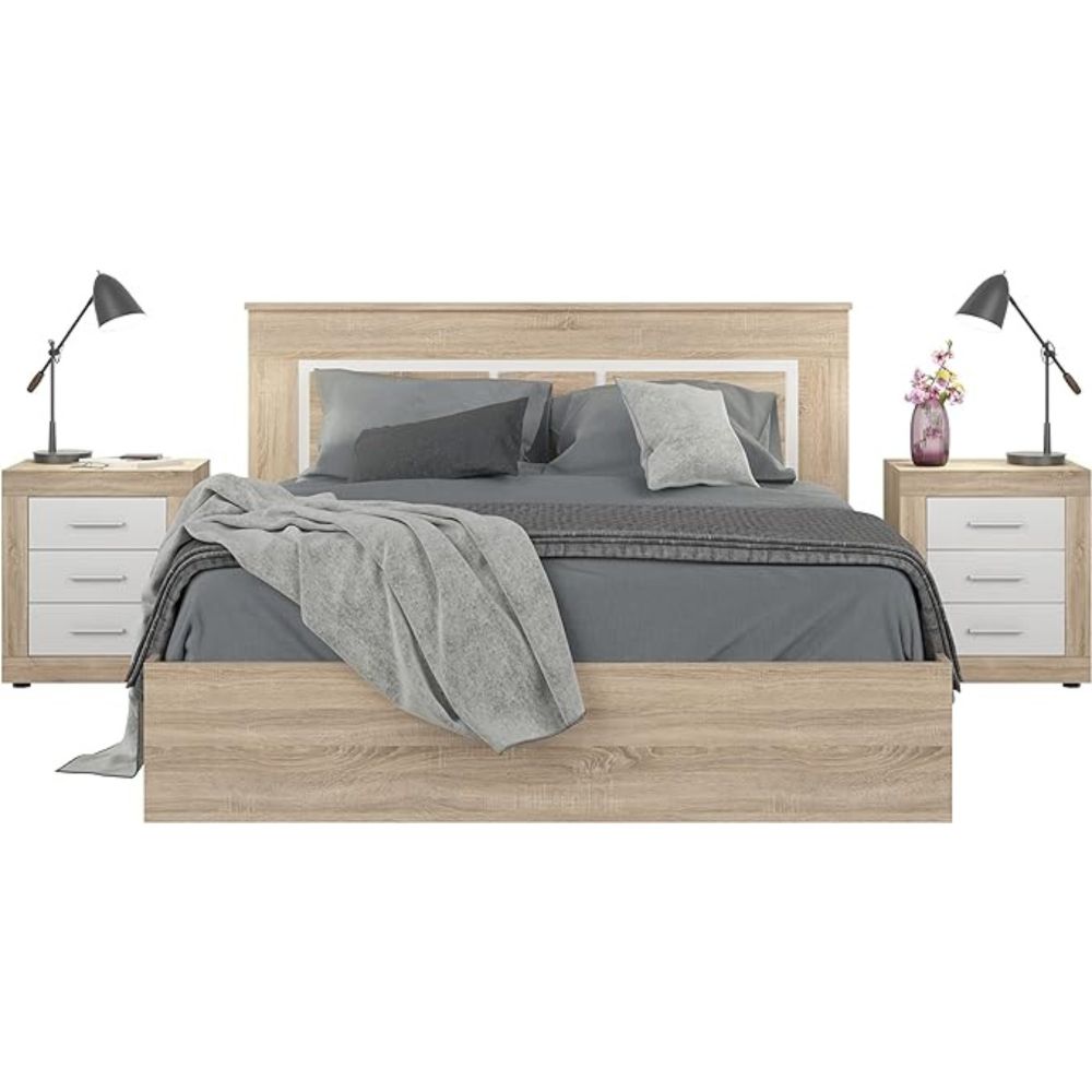 Pack Cabecero de 160 x 120 cm + 2 Mesitas de Noche| Color Cambria y Blanco (para Cama de 135-140 o 160)