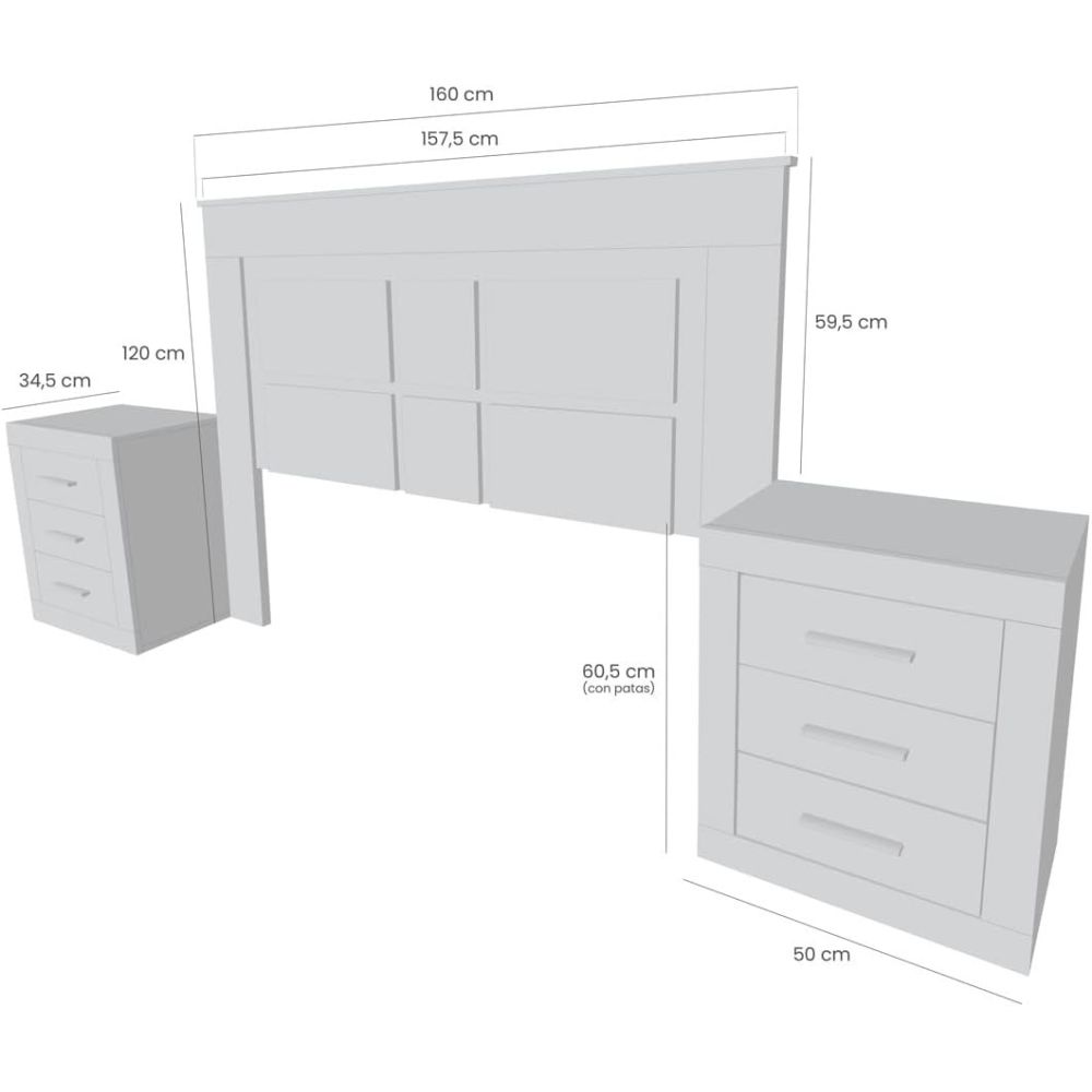 Pack Cabecero de 160 x 120 cm + 2 Mesitas de Noche| Color Cambria y Blanco (para Cama de 135-140 o 160)