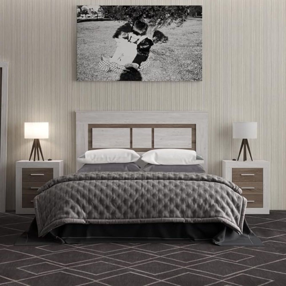 Mesita de Noche, Mesilla de Dormitorio, Color Pino y Gris, Medidas: 50 cm (Largo) x 34,6 cm (Fondo) x 60 cm (Alto)