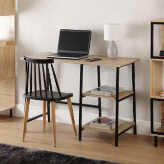 Mesa Escritorio Industrial con Estante y 2 Baldas – MDF Negro, Estructura Metálica y Roble, 110x50x75 cm