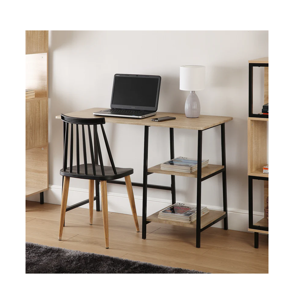 Mesa Escritorio Industrial con Estante y 2 Baldas – MDF Negro, Estructura Metálica y Roble, 110x50x75 cm
