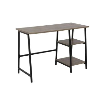 Mesa Escritorio Industrial con Estante y 2 Baldas – MDF Negro, Estructura Metálica y Roble, 110x50x75 cm