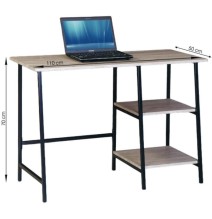 Mesa Escritorio Industrial con Estante y 2 Baldas – MDF Negro, Estructura Metálica y Roble, 110x50x75 cm