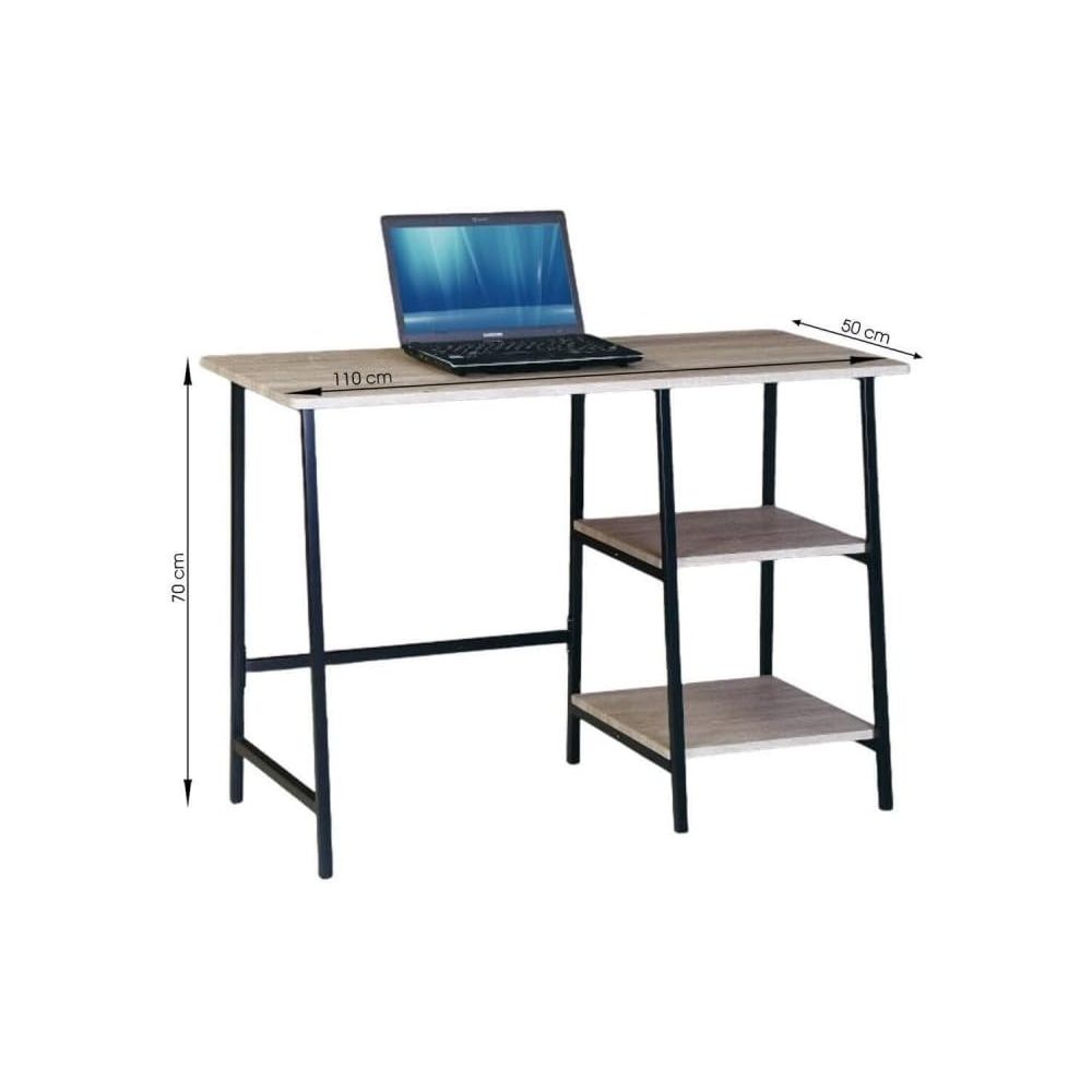 Mesa Escritorio Industrial con Estante y 2 Baldas – MDF Negro, Estructura Metálica y Roble, 110x50x75 cm