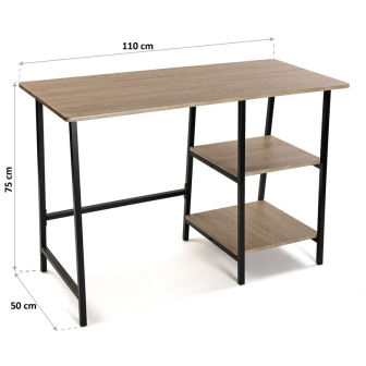 Mesa Escritorio Industrial con Estante y 2 Baldas – MDF Negro, Estructura Metálica y Roble, 110x50x75 cm