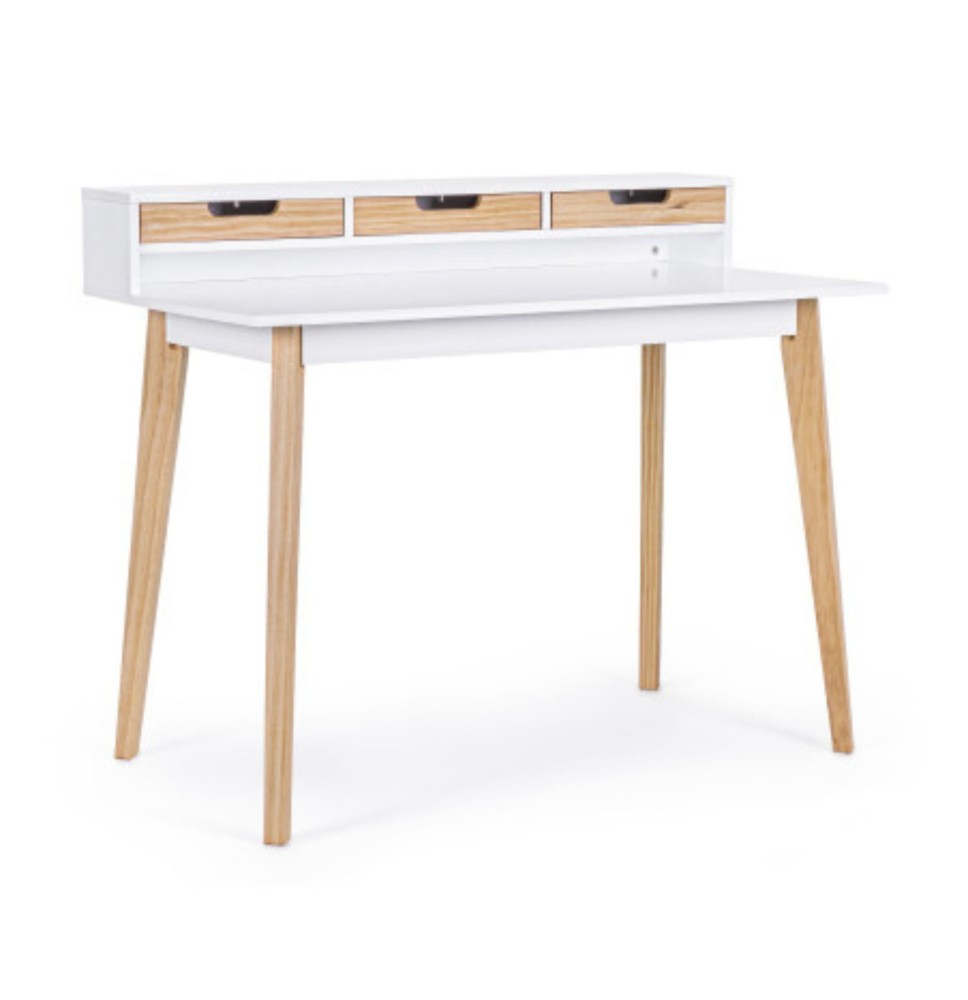Mesa de Estudio - Escritorio con Encimera MDF Lacado en Blanco Mate y Patas de Pino Macizo – 120x60x90 cm