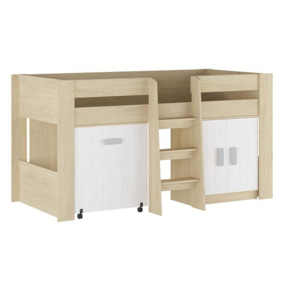 Cama Alta Juvenil con Escritorio y Armario Inferior 208,6 × 115,1 × 110,6 cm Color Blanco y Roble.