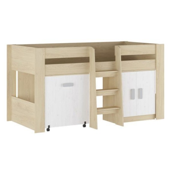 Cama Alta Juvenil con Escritorio y Armario Inferior 208,6 × 115,1 × 110,6 cm Color Blanco y Roble.
