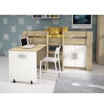 Cama Alta Juvenil con Escritorio y Armario Inferior 208,6 × 115,1 × 110,6 cm Color Blanco y Roble.