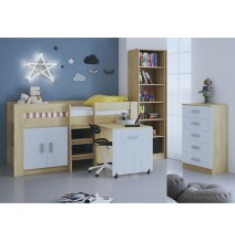 Cama Alta Juvenil con Escritorio y Armario Inferior 208,6 × 115,1 × 110,6 cm Color Blanco y Roble.