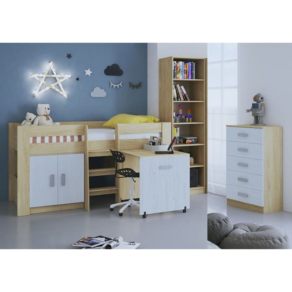Cama Alta Juvenil con Escritorio y Armario Inferior Color Blanco y Roble