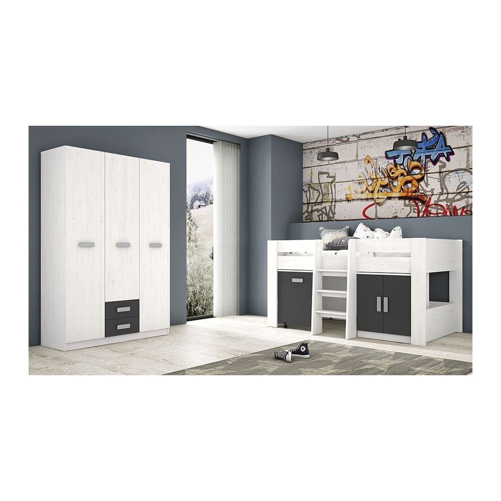 Cama Alta Juvenil con Escritorio y Armario Inferior 208,6 × 115,1 × 110,6 cm Color Blanco y Grafito