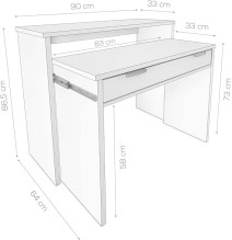 Mesa Escritorio Extensible, Color Blanco, Medidas: 90 cm (Largo) x 33-63,4 cm (Ancho) x 87,5 cm (Alto)