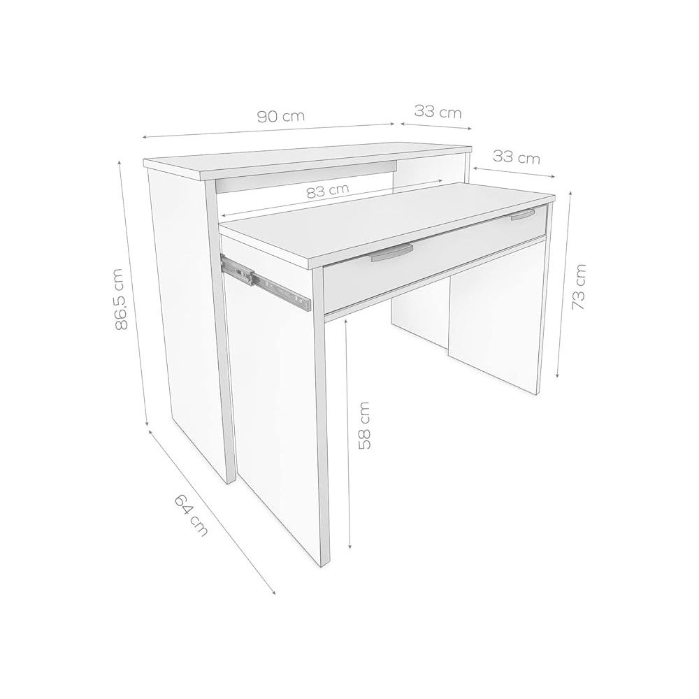 Mesa Escritorio Extensible, Color Blanco, Medidas: 90 cm (Largo) x 33-63,4 cm (Ancho) x 87,5 cm (Alto)