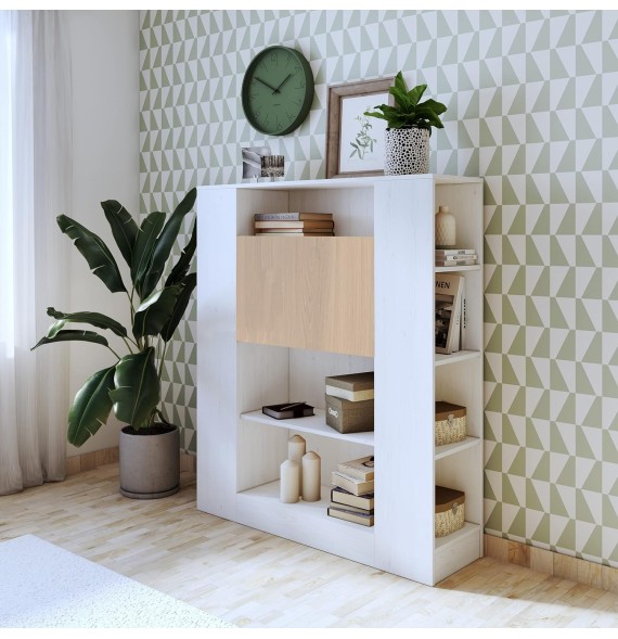 Estantería con Escritorio, Acabado en Blanco y Madera, Medidas: 119,6 cm (Largo) x 139,6 cm (Alto) x 34,5 Cm