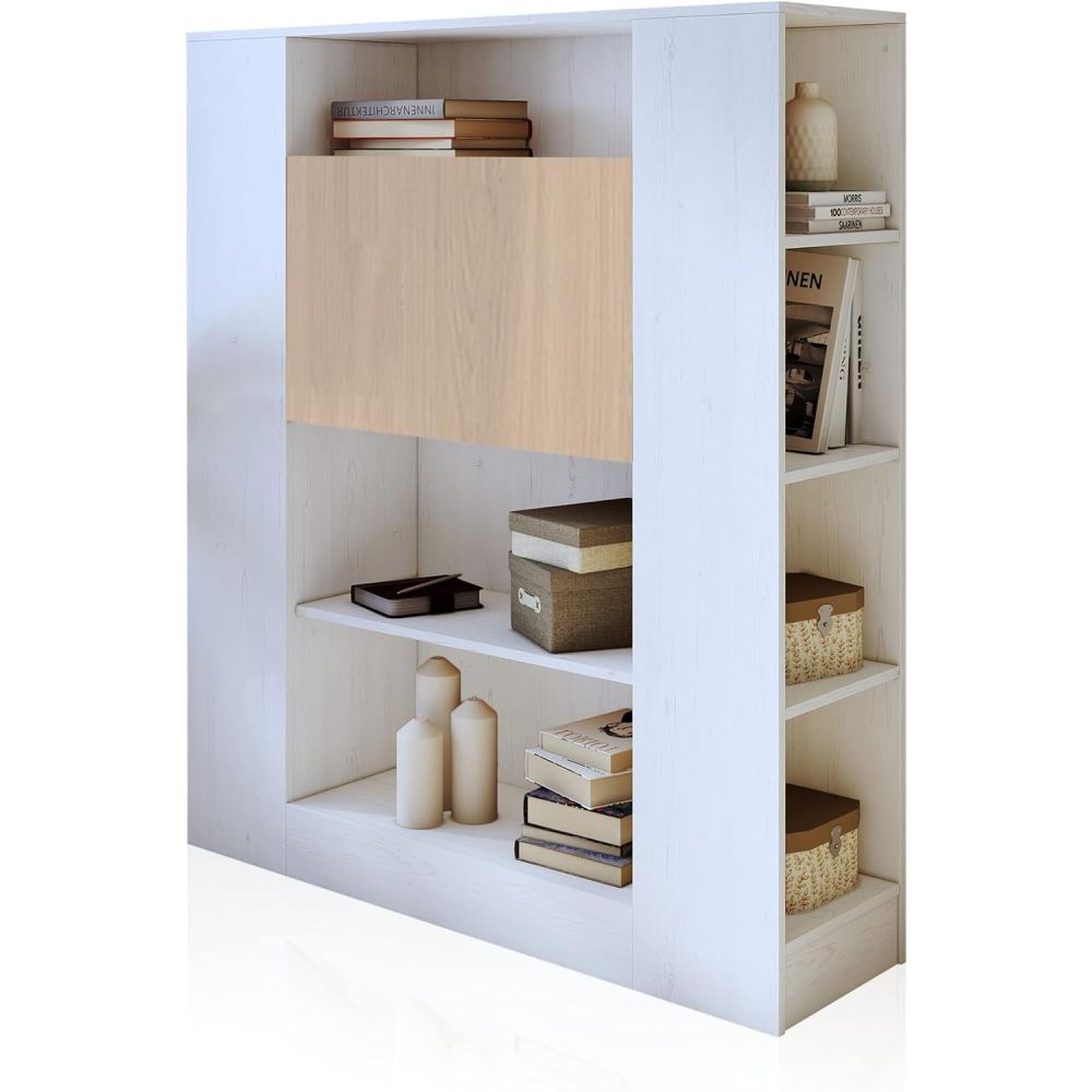 Estantería con Escritorio, Acabado en Blanco y Madera, Medidas: 119,6 cm (Largo) x 139,6 cm (Alto) x 34,5 Cm