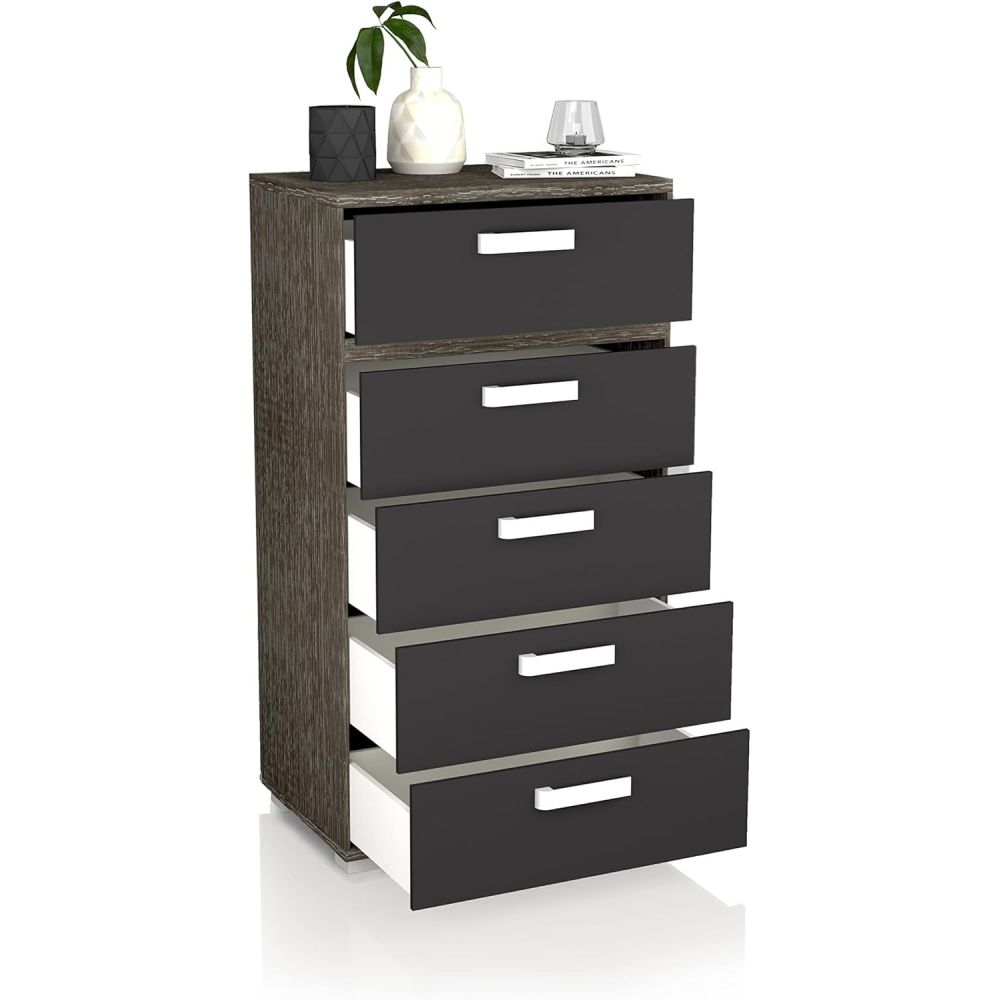 Sinfonier 5 Cajones, Cómoda, Almacenaje Dormitorio, Color Negro, Medidas: 60 cm (Lar) x 109,4 cm (Al) x 39,6 cm de (Fon)