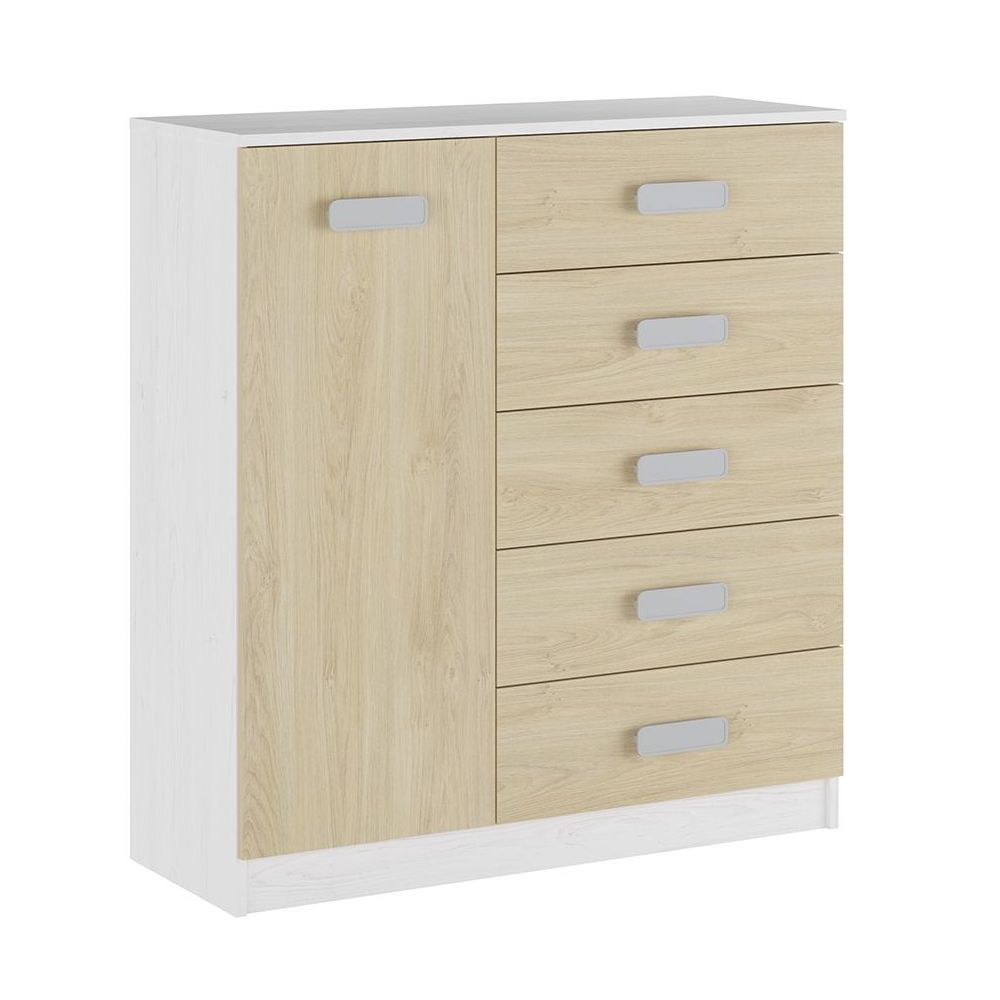Cómoda Grande para Dormitorio o Salón - Blanco Veteado y Natural, 60 x 108 x 60 cm, 1 Puerta y 5 Cajones de Almacenaje.