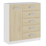 Cómoda Grande para Dormitorio o Salón - Blanco Veteado y Natural, 60 x 108 x 60 cm, 1 Puerta y 5 Cajones de Almacenaje.