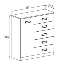 Cómoda Grande para Dormitorio o Salón - Blanco Veteado y Natural, 60 x 108 x 60 cm, 1 Puerta y 5 Cajones de Almacenaje.