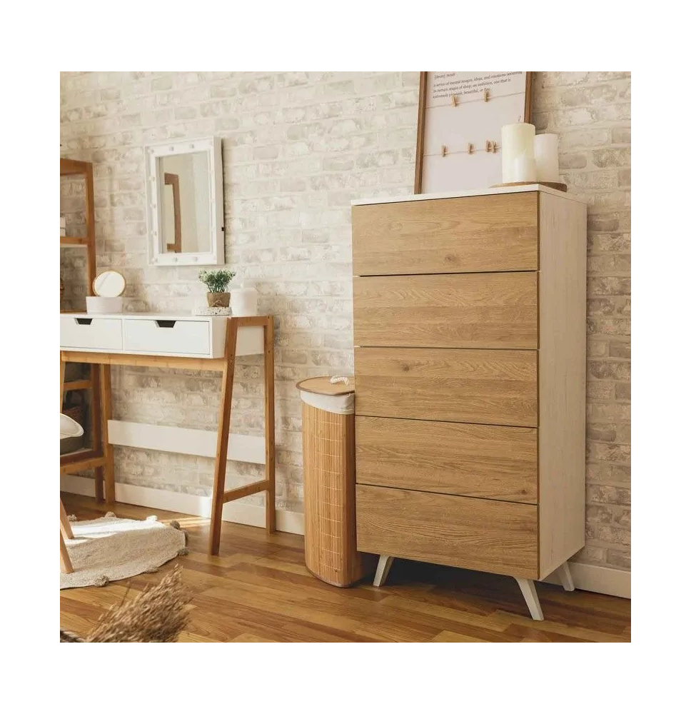 Sinfonier con 5 Cajones y con Patas, Comoda Cajonera, Color Roble y blanco, 60cm (An) x 118,5cm (Al) x 37,8cm (Fon)