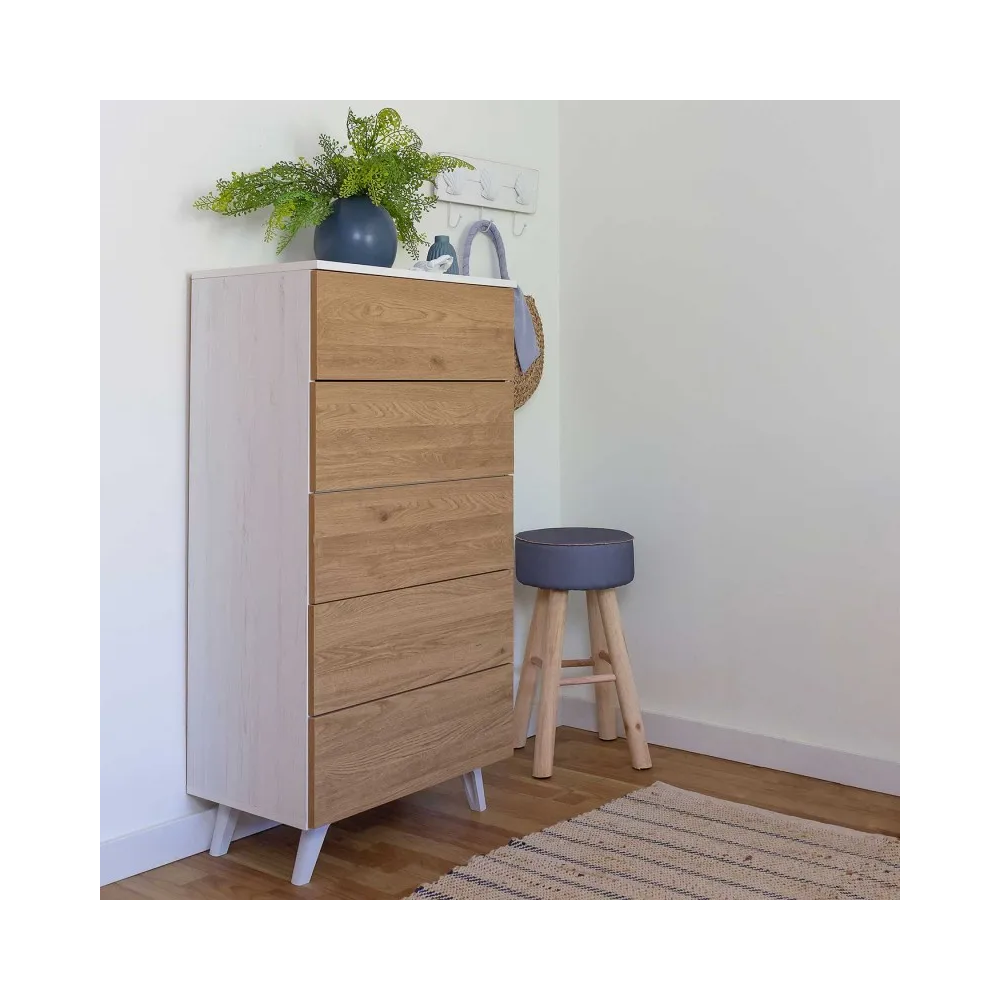 Sinfonier con 5 Cajones y con Patas, Comoda Cajonera, Color Roble y blanco, 60cm (An) x 118,5cm (Al) x 37,8cm (Fon)