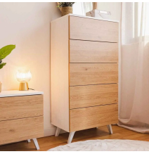 Sinfonier con 5 Cajones y con Patas, Comoda Cajonera, Color Roble y blanco, 60cm (An) x 118,5cm (Al) x 37,8cm (Fon)