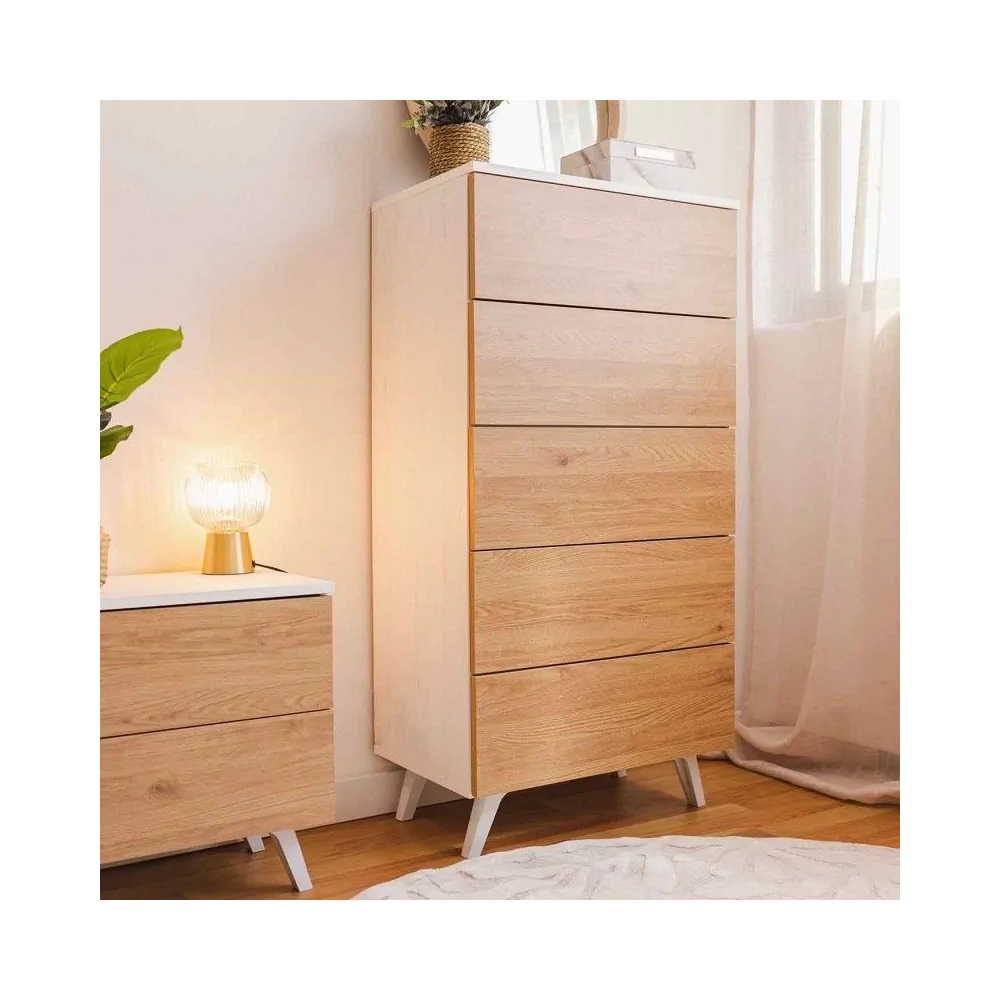 Sinfonier con 5 Cajones y con Patas, Comoda Cajonera, Color Roble y blanco, 60cm (An) x 118,5cm (Al) x 37,8cm (Fon)